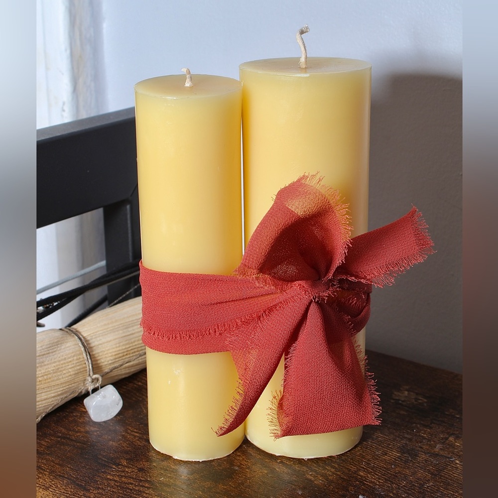 Yellow Beeswax 2 Pillar Candles Natural Pure Honey Bees Wax Christmas Gift